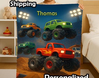 Personalized Monster Truck Blanket: Colorful Velveteen Throw, Boys Gift