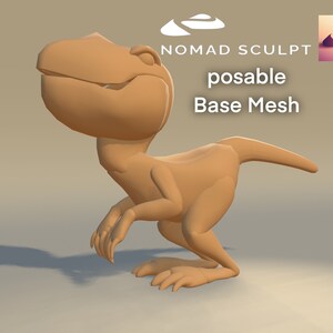 Puede incluir: Un modelo 3D de un dinosaurio de dibujos animados en una pose neutral. El modelo es de color marrón claro y está etiquetado como "Nomad Sculpt" y "Posable Base Mesh".