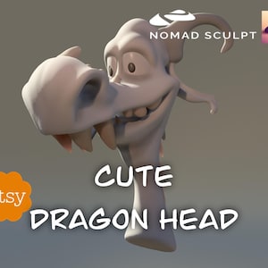 Könnte beinhalten: Ein 3D-Modell eines niedlichen Cartoon-Drachenkopfes mit einem breiten Lächeln und großen Augen. Das Modell ist in hellgrau gehalten und vor einem grauen Hintergrund gerendert. Der Text "Cute Dragon Head" steht unter dem Modell.