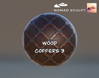 May include: A 3D render of a wood texture with a pattern of raised squares and a decorative metal trim. The text "WOOD COFFERS 3" is written on the surface.