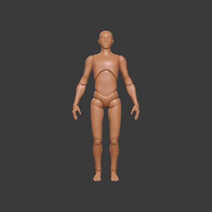 May include: A nude-colored articulated plastic figure of a person standing with arms at their sides and hands open. The figure has a simple, realistic design.