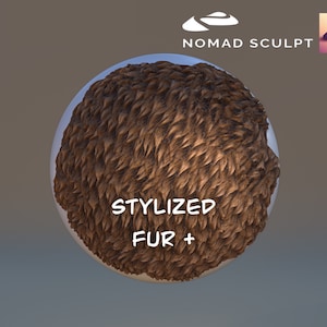Könnte beinhalten: Eine digitale Darstellung einer Kugel, die mit stilisiertem braunem Fell bedeckt ist. Der Text "STYLIZED FUR +" wird in Weiß angezeigt. Das Nomad Sculpt-Logo befindet sich in der oberen rechten Ecke.