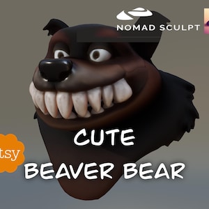 Könnte beinhalten: Ein 3D-Modell eines Cartoon-Biberbären mit einem breiten Grinsen. Das Modell ist braun und schwarz mit einem weißen Lächeln. Der Text "Cute Beaver Bear" befindet sich unter dem Modell.