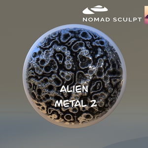 Könnte beinhalten: Nahaufnahme einer metallischen Kugel mit einer strukturierten Oberfläche. Die Kugel ist dunkelgrau mit einem leichten Glanz. Der Text "ALIEN METAL 2" ist auf die Kugel gedruckt.
