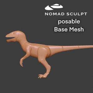 Könnte beinhalten: Ein 3D-Modell eines braunen Dinosauriers, in einer stehenden Position mit ausgestrecktem Schwanz. Das Modell ist mit "Nomad Sculpt" und "Base Mesh" beschriftet.