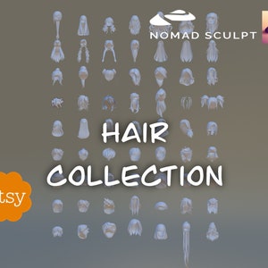 Könnte beinhalten: Eine Sammlung von 3D-gedruckten Haarmodellen zur Verwendung in digitaler Kunst und Design. Die Modelle sind weiß und in einem Raster angeordnet. Der Text "HAIR COLLECTION" ist in Schwarz am unteren Rand des Bildes geschrieben.