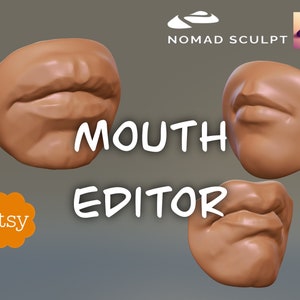 Könnte beinhalten: Drei verschiedene 3D-Modelle von Mündern in verschiedenen Positionen, gerendert in einer hellbraunen Farbe. Der Text "MOUTH EDITOR" ist in Weiß in der Mitte des Bildes geschrieben. Der Text "etsy" ist in Weiß auf einer orangefarbenen Blumenform in der linken unteren Ecke des Bildes geschrieben.