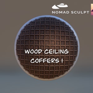 Op de afbeelding: Een close-up van een bolvormige textuurkaart die een houten plafond met een rasterpatroon laat zien. De tekst "WOOD CEILING COFFERS I" is in wit op de textuurkaart geschreven.
