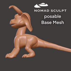 May include: A 3D model of a brown, cartoon-style dragon in a posed position. The model is labeled "Nomad Sculpt" and "Posable Base Mesh".