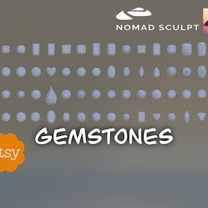 Peut inclure: Une collection de modèles 3D de pierres précieuses de formes et de tailles variées, y compris rondes, ovales, carrées, en forme de cœur et en forme de larme. Les modèles sont en fil de fer et semblent être destinés à être utilisés dans un logiciel de conception 3D. Le texte "GEMSTONES" est écrit en blanc sur un fond gris. Le texte "NOMAD SCULPT" est écrit en blanc sur un fond gris. Le texte "etsy" est écrit en blanc sur un cercle orange.
