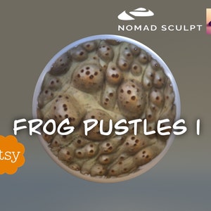 May include: Close-up of a textured, brown and beige, round, ceramic tile with a bumpy surface. The tile has a pattern of small, raised bumps that resemble frog pustules. The tile is labelled "FROG PUSTLES I".