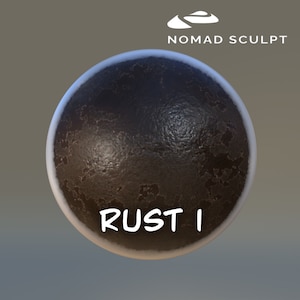 May include: A close-up of a dark brown sphere with a rough, textured surface. The sphere has a white border and the text "RUST I" is printed on the bottom.