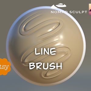 Op de afbeelding: Een 3D-weergave van een bol met een lichtbruin, glanzend oppervlak. De bol heeft een reeks verhoogde lijnen die een draaiend patroon cre&euml;ren. De tekst "LINE BRUSH" is in wit op de bol geschreven.