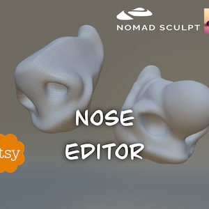 May include: Two 3D models of noses, one with a wireframe and one with a smooth surface, are shown against a light gray background. The text "NOSE EDITOR" is written in white below the models. The text "etsy" is written in orange on a white flower shape.