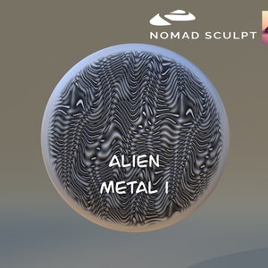 May include: A black and white textured sphere with the words "ALIEN METAL I" in white text. The sphere is against a light brown background.