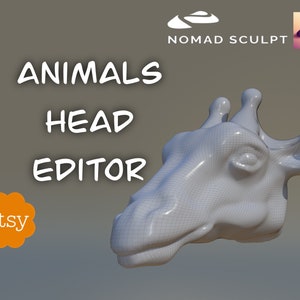 Può includere: Un modello 3D di una testa di giraffa, reso in stile wireframe. Il modello è in fase di editing in un programma software chiamato Nomad Sculpt. Il testo "ANIMALS HEAD EDITOR" è visualizzato sopra il modello, e il testo "etsy" è visualizzato sotto il modello.