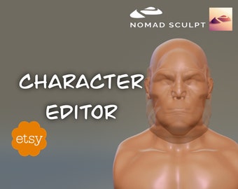 Könnte beinhalten: Ein 3D-Modell eines menschlichen Kopfes und der Schultern, das in einem digitalen Kunstprogramm modelliert wurde. Das Modell ist eine Büste eines Mannes mit neutralem Gesichtsausdruck. Der Text "CHARACTER EDITOR" ist in Weiß auf grauem Hintergrund geschrieben. Der Text "etsy" ist in Weiß auf einem orangefarbenen Kreis geschrieben.