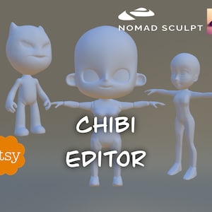 Könnte beinhalten: Drei weiße 3D-Modelle von Chibi-Charakteren, eine Katze, ein Mädchen und ein Junge, mit dem Text "CHIBI EDITOR" in Weiß auf grauem Hintergrund.