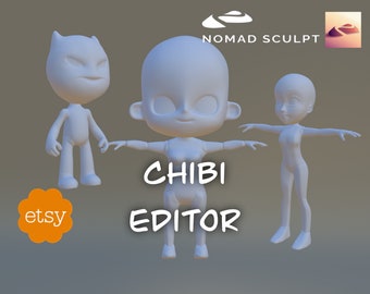 May include: Three white 3D models of chibi characters, a cat, a girl, and a boy, with the text "CHIBI EDITOR" in white on a gray background.