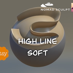 Könnte beinhalten: Ein 3D-Modell eines weichen High-Line-Materials, gerendert in Nomad Sculpt. Das Modell ist eine Kugel mit einer geschwungenen Linie, die um sie herumläuft. Der Text "HIGH LINE SOFT" ist auf die Kugel geschrieben.