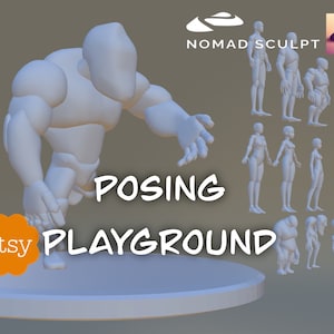 May include: A white 3D model of a large, muscular figure in a dynamic pose, with the text "POSING PLAYGROUND" below. The image also shows several smaller 3D models of figures in various poses, with the text "NOMAD SCULPT" in the upper right corner.