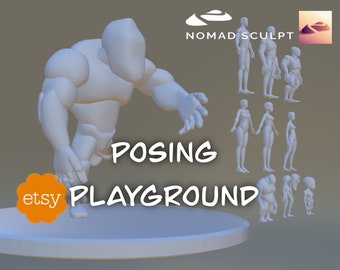 May include: A white 3D model of a large, muscular figure in a dynamic pose, with the text "POSING PLAYGROUND" below. The image also shows several smaller 3D models of figures in various poses, with the text "NOMAD SCULPT" in the upper right corner.