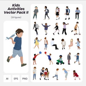 Vektorpaket med barnaktiviteter: 26 platta designfigurer (AI, PNG, EPS)