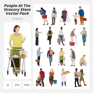 Pacchetto vettoriale di persone del supermercato: figure di architettura e design (download istantaneo AI, PNG, EPS)