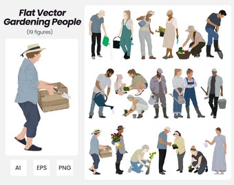 Flache Vektor Gartenarbeit Menschen | 19 Stück Vektor Illustrationen | Sofort Download | AI - PNG - EPS | Ausschnitt Menschen