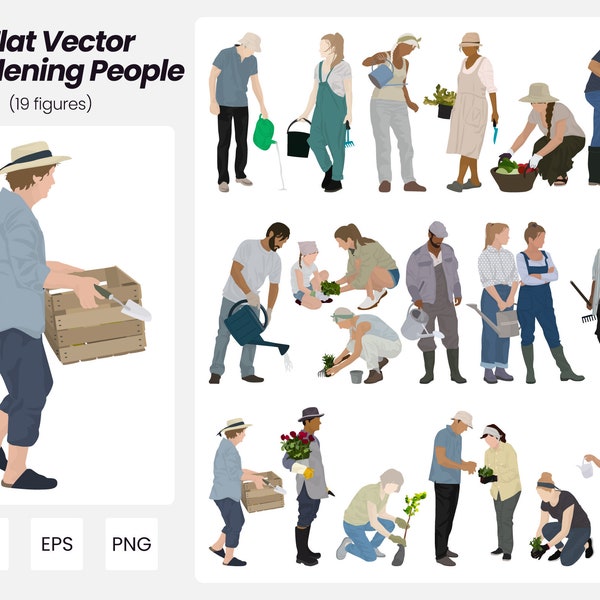 Flat Vector Tuinieren Mensen | 19 Pack Vector Mensen Illustraties | Direct downloaden | AI-PNG-EPS | Uitgesneden mensen