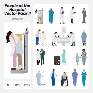 People at the Hospital Vector Pack – 16 Flat Vector Human Figures for Architecture & Design | Instant Download | AI PNG EPS | Cutout People