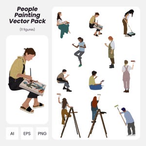 People Painting Vector Pack – 11 Flat Vector Human Figures for Architecture & Design | Instant Download | AI PNG EPS | Cutout People