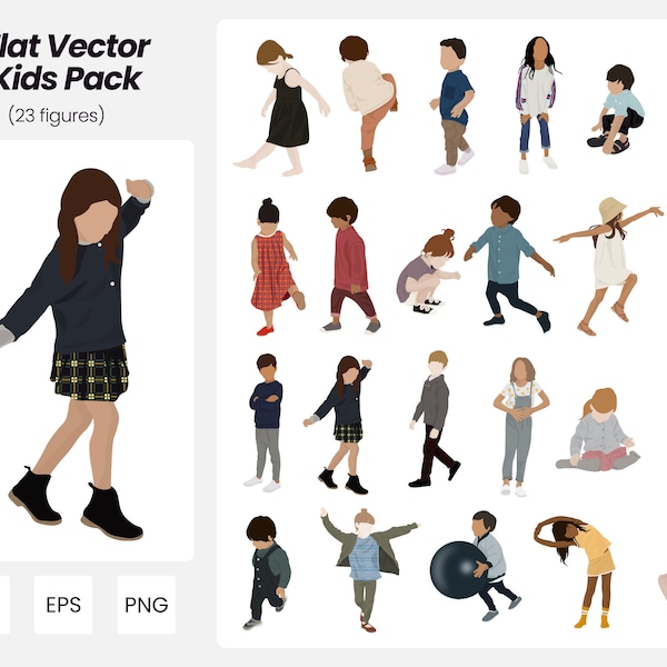 Pack enfants vecteur plat | Pack de 23 illustrations vectorielles pour enfants | Téléchargement instantané | AI-PNG-EPS | Personnes découpées