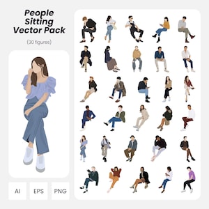 People Sitting Vector Pack – 30 Flat Vector Human Figures for Architecture & Design | Instant Download | AI PNG EPS | Cutout People