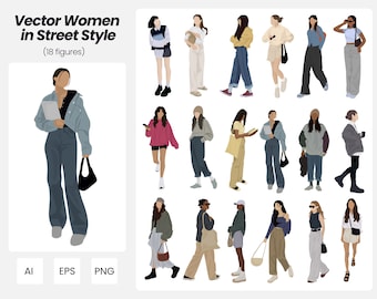 Flat Vector Women Street Style | 18 Pack Vector Women Illustrations | Instant Download | AI - PNG - EPS | Cutout People