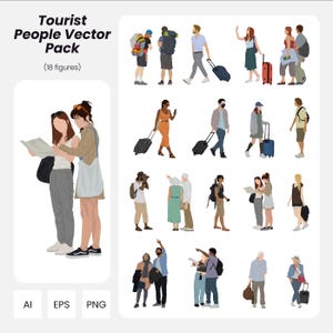 Tourist People Vector Pack – 18 Flat Vector Human Figures for Architecture & Design | Instant Download | AI PNG EPS | Cutout People