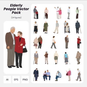 Elderly People Vector Pack – 24 Flat Vector Human Figures for Architecture & Design | Instant Download | AI PNG EPS | Cutout People