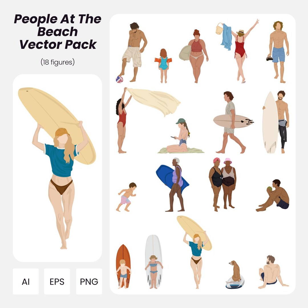 Beach People Vector Pack: 18 Flat Human Figures (AI, PNG, EPS Instant ...