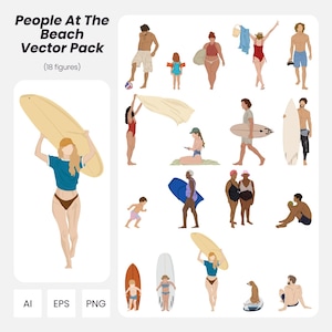 Può includere: Pacchetto di illustrazioni vettoriali intitolato "People At The Beach" con 18 figure. L'immagine mostra persone in spiaggia, alcune con tavole da surf, asciugamani e palloni da spiaggia. La tavolozza dei colori comprende blu, beige, rossi e marroni. Formati: AI, EPS e PNG.