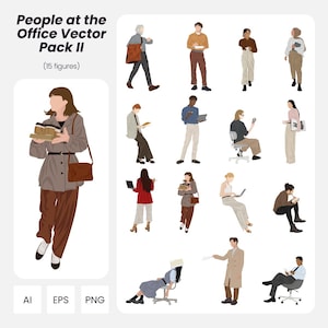 May include: Vector illustration pack titled "People at the Office Vector Pack II" featuring 15 figures. The figures are depicted in various poses and outfits, suggesting office or business settings. The color palette includes browns, tans, and muted tones.