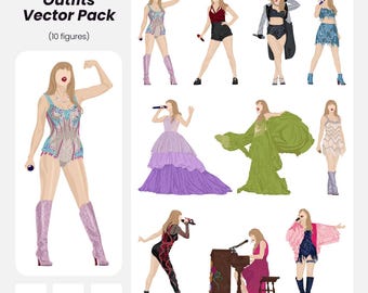 Pop Star Stage Outfits Vector Pack: 10 Figures (AI, PNG, PDF Instant Download)