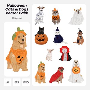 Clipart vectoriel de chiens et chats d'Halloween : architecture et design (AI, EPS, PNG) (téléchargement instantané)