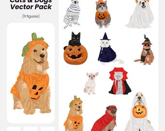 Halloween Cats and Dogs Vector Clipart: Architecture & Design (AI, EPS, PNG) (Instant Download)