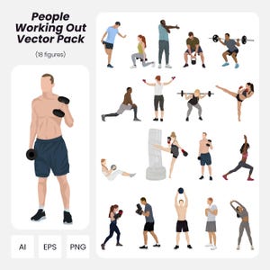 Workout People Vector Pack: 18 Flat Figures, Architecture & Design (AI, PNG, EPS Instant Download)