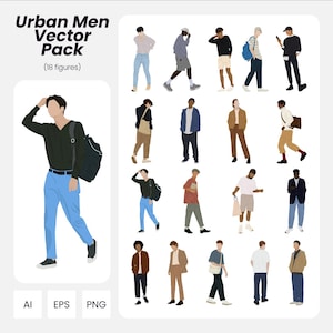 Urban Men Vector Pack: 18 Flat Figures for Architecture (AI, PNG, EPS) (Instant Download)