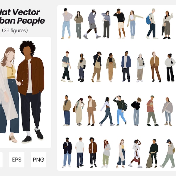 Flache Vektor Urban People | 36er Pack Menschen Vektorgrafiken | Sofort Download | AI - PNG - EPS | Ausschnitt Menschen