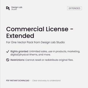May include: A white graphic with the text "Commercial License - Extended" and "Design Lab Studio" branding. The text details rights granted and restrictions for a vector pack, with a PDF instant download option.