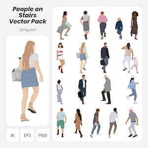 People on Stairs Vector Pack – 18 Flat Vector Human Figures for Architecture & Design | Instant Download | AI PNG EPS | Cutout People