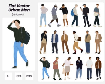 Flat Vector Urban Men | 18 Pack Vector Men Illustrations | Instant Download | AI - PNG - EPS | Cutout People