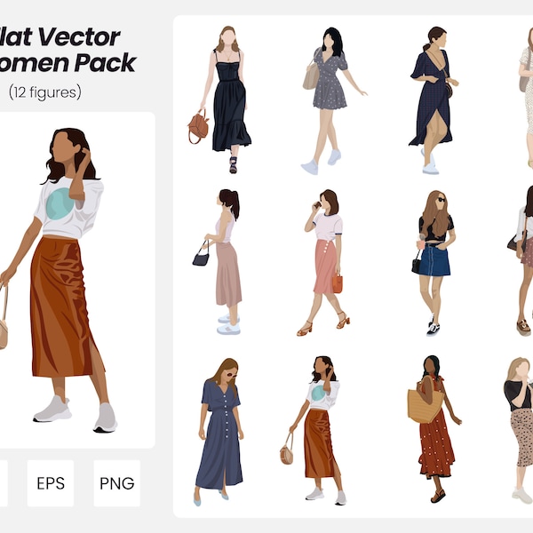 Flat Vector Women in Skirts and Dresses Pack | 12 Pack Vector People Illustrations | Instant Download | AI - PNG - EPS | Cutout People
